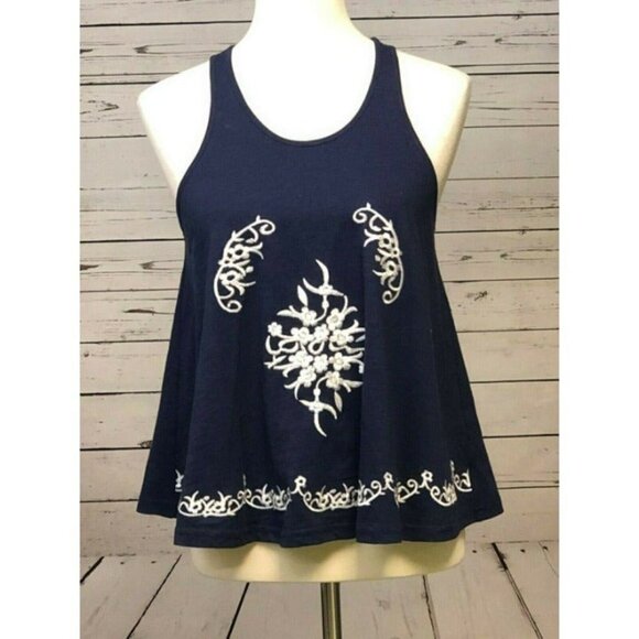 inTu Navy Sleeveless Tank Top Small Cami Embroidered Boho Hippie Festival - Picture 2 of 4
